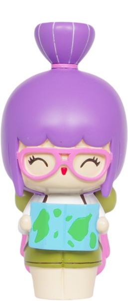 Momiji doll, Adventure character, with purple hair, pink glasses, smiling face, eyes closed, holding a map. — Momiji Doll