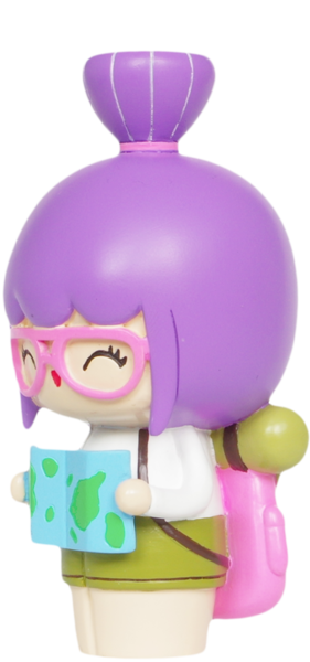 Momiji doll with purple hair, pink glasses, holding a map and wearing a backpack. Hides a secret message inside. — Momiji Doll