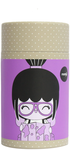 Adventure Momiji doll on a cylindrical box, kawaii girl with glasses, purple background, secret message inside. — Momiji Doll