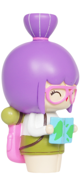 Momiji doll with purple hair, pink glasses, green backpack, and map; kawaii collectible with hidden message inside. — Momiji Doll