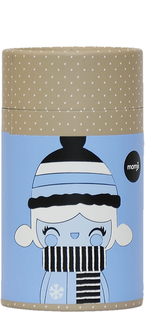 Winter Wonderland Momiji doll on a blue and tan dotty box, wearing a hat and scarf; inspired by Tokyo and Seoul street style. — Momiji Doll