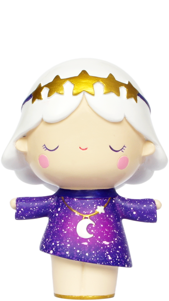 Galaxy Girl Momiji doll with white hair, closed eyes, gold star headband, purple star dress, and moon necklace. — Momiji Doll