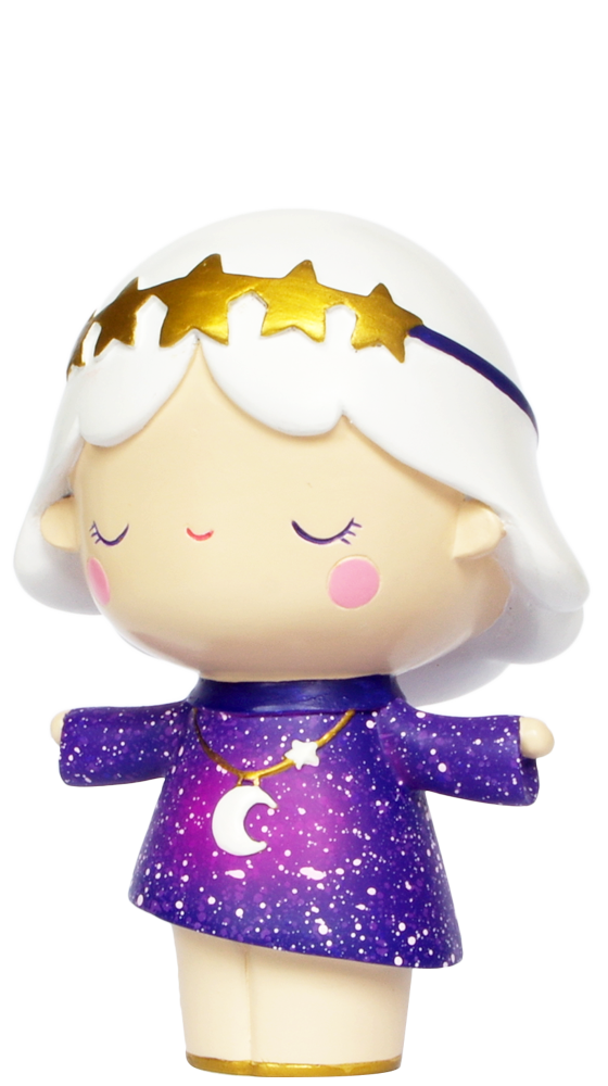 Galaxy Girl Momiji doll with white hair, closed eyes, a gold star headband, and a purple dress. Collectible character design. — Momiji Doll