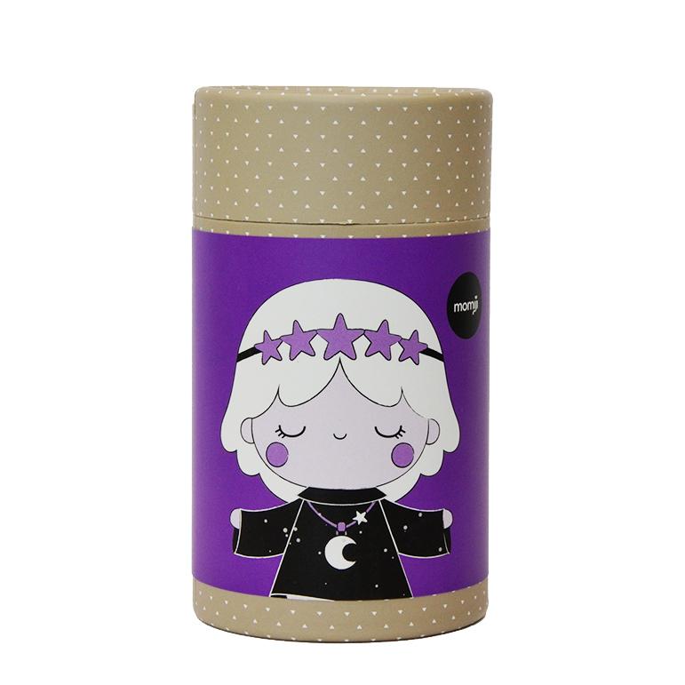 Galaxy Girl Momiji doll wears a star crown, black dress, and crescent moon necklace; features signature kawaii style. — Momiji Doll