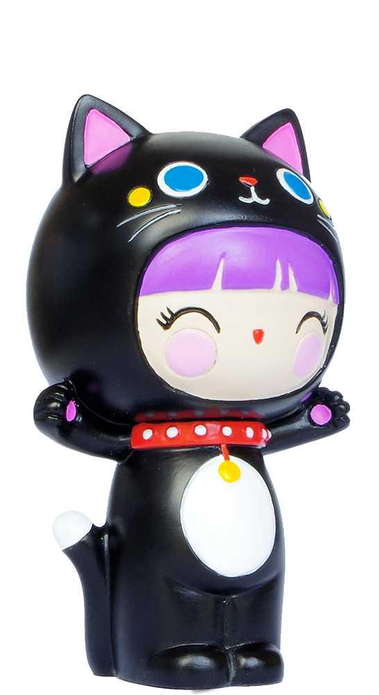 Best Friends Momiji doll: purple-haired girl in a black cat suit, red collar, arms raised; kawaii collectible with secret message. — Momiji Doll