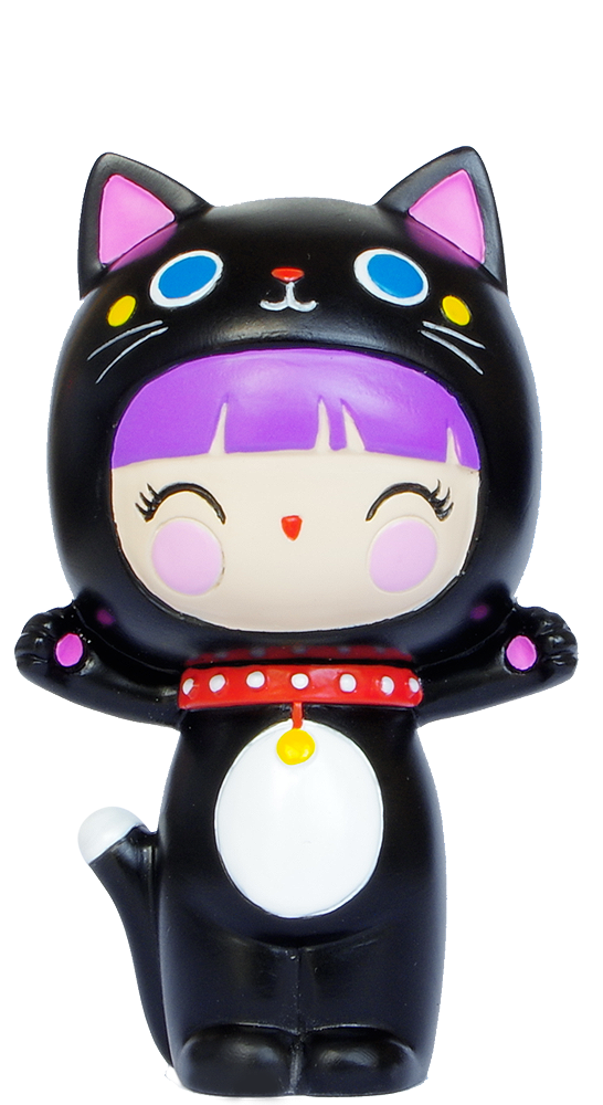 Best Friends Momiji doll with purple hair, black cat costume, bright smile, and a red collar. Kawaii collectible character. — Momiji Doll