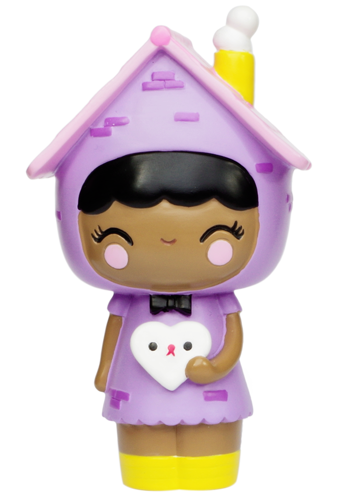 Home Momiji doll with brown skin, purple house-shaped hood, and a white heart-shaped message accessory. — Momiji Doll