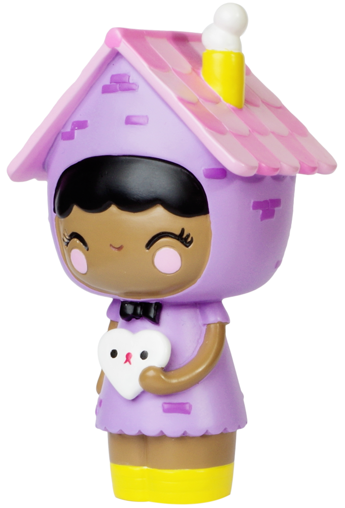 Momiji doll "Home" with pink house hat, purple dress, yellow boots, and a white heart detail. Collectible vinyl Momiji doll. — Momiji Doll