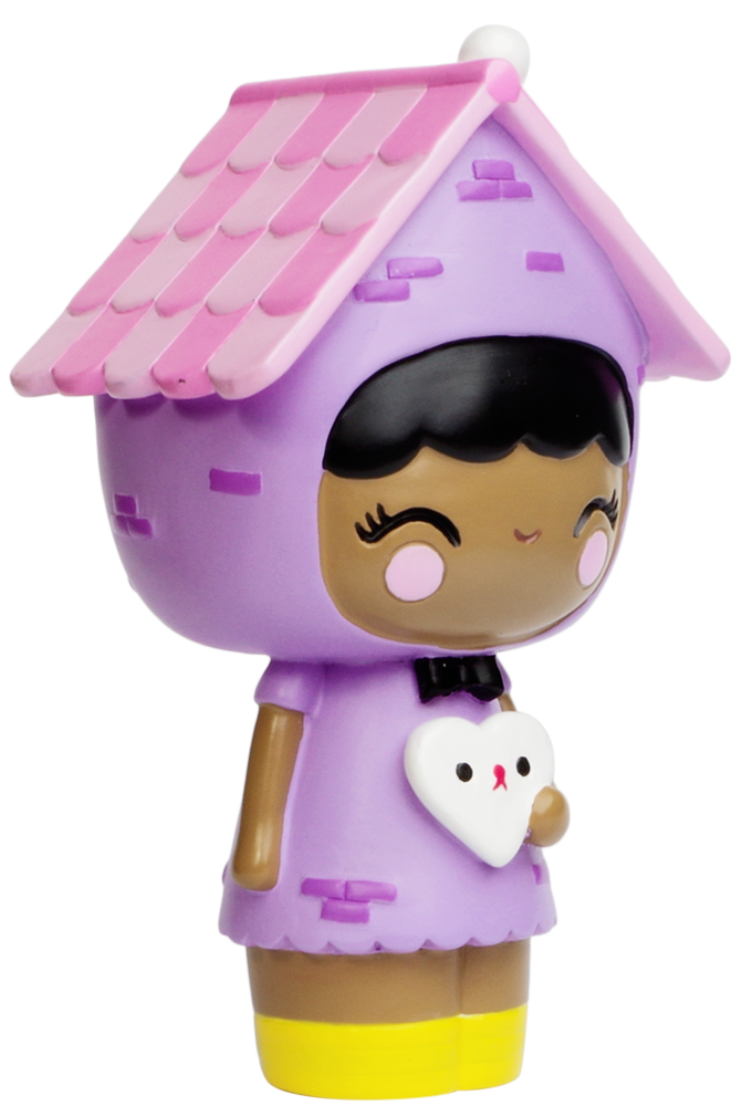 Home Momiji doll with a pink roof hat, purple dress, yellow shoes, holding a white heart with a smiling face. — Momiji Doll