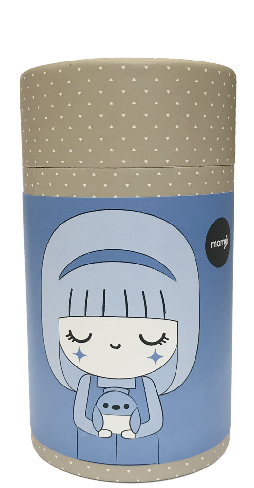 Bluebird Momiji doll (2nd production) with bowl, featuring blue and beige colors and the signature kawaii Momiji doll style. — Momiji Doll