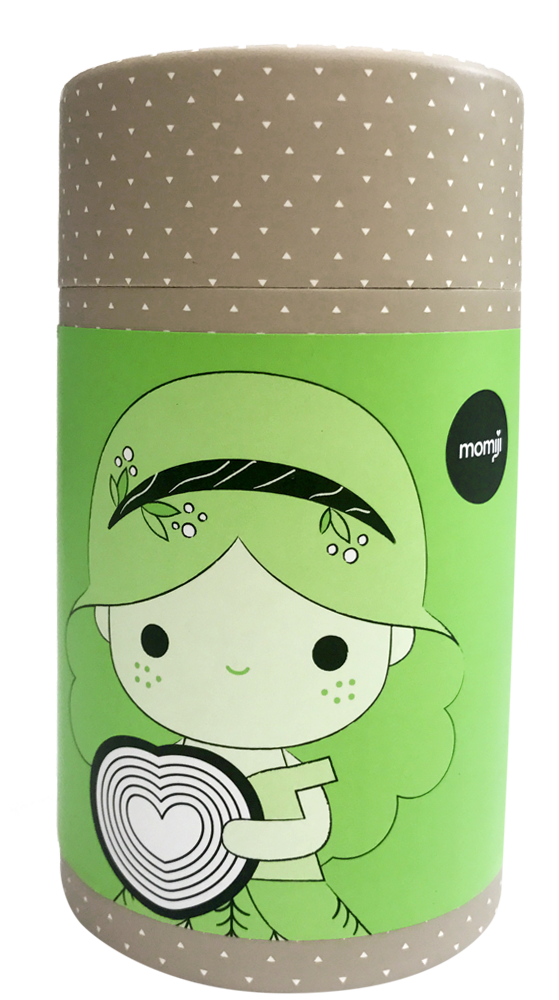 Kindness Momiji doll in green, holding a heart log, displayed with its cylindrical box. Collectible kawaii vinyl character. — Momiji Doll