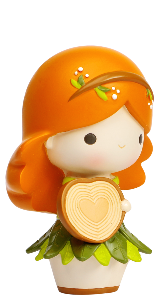 Kindness Momiji doll with orange hair in a green-white dress, holding a heart-shaped log slice, kawaii collectible charm. — Momiji Doll