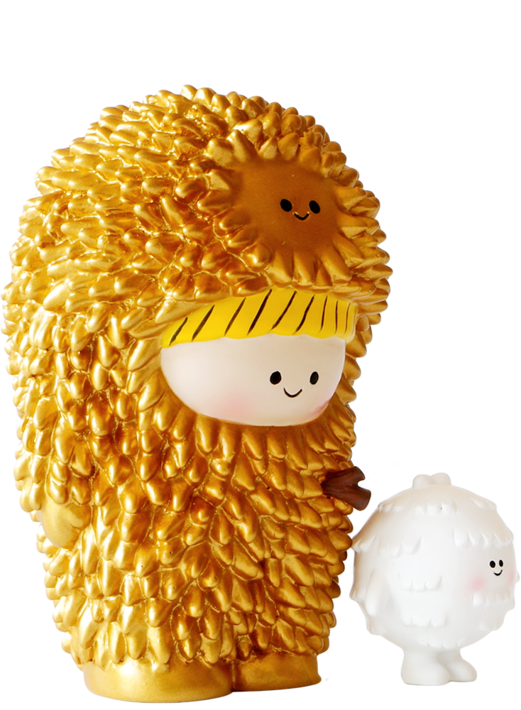 A golden, furry Golden Treeson Momiji doll stands smiling beside a small white collectible, both with bright happy faces. — Momiji Doll