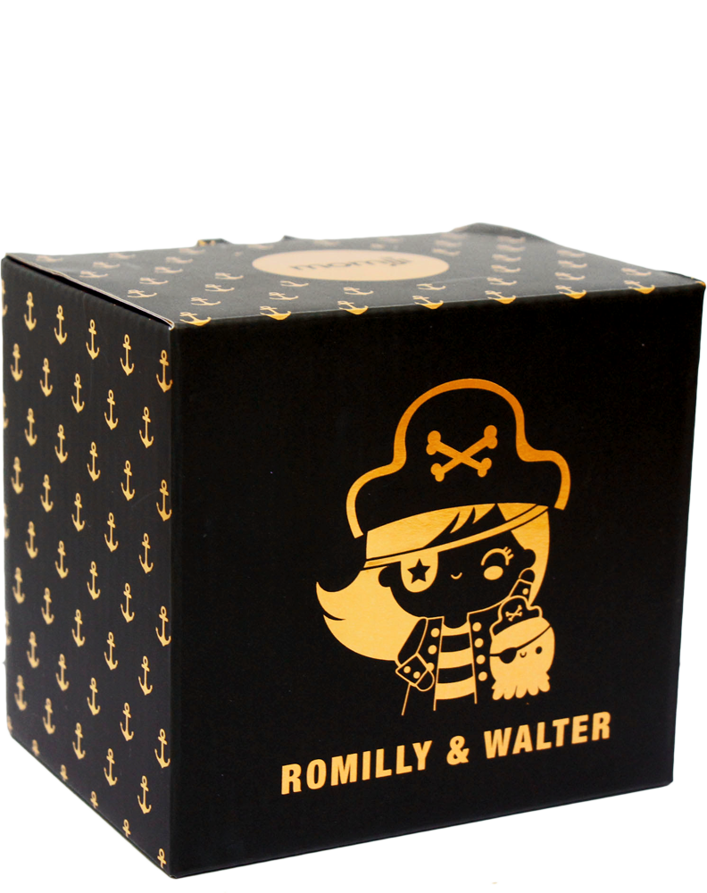 Romilly & Walter Momiji doll: kawaii pirate girl design, black box with gold anchors. Collectible hides secret message inside. — Momiji Doll