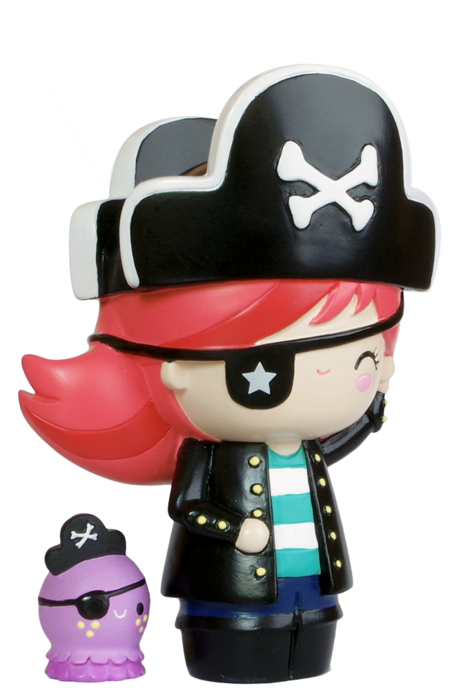 Romilly & Walter Momiji doll: red-haired girl pirate with tiny purple octopus, both in black hats and eyepatches. — Momiji Doll