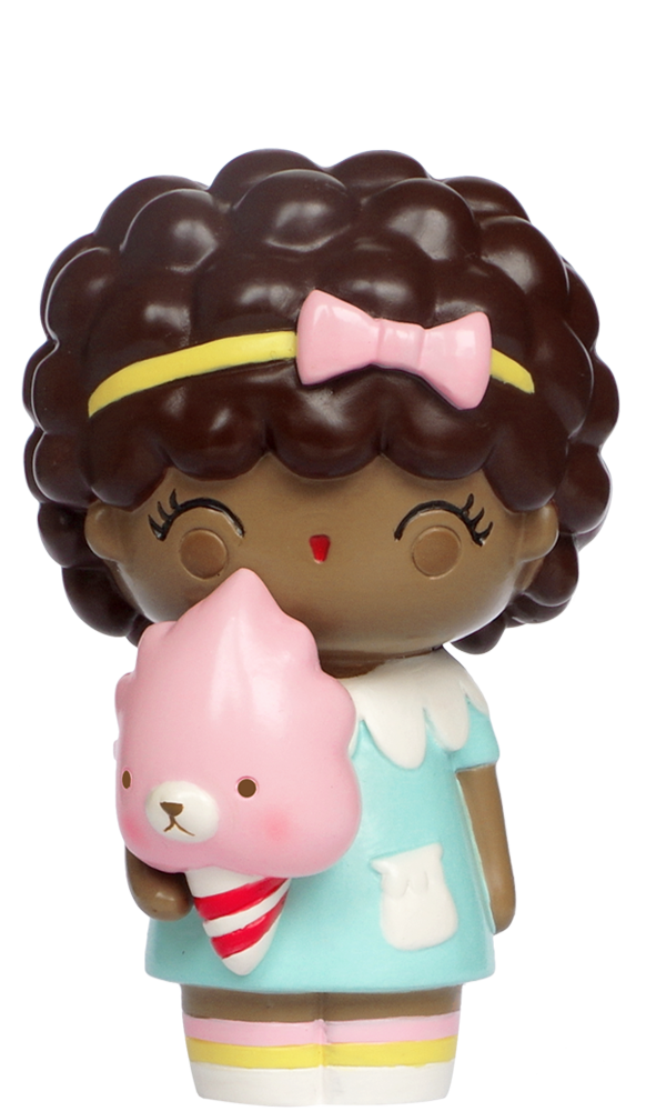 Giggles Momiji doll with curly hair, pink bow, blue dress, and bear-faced pink cotton candy; cute collectible character. — Momiji Doll