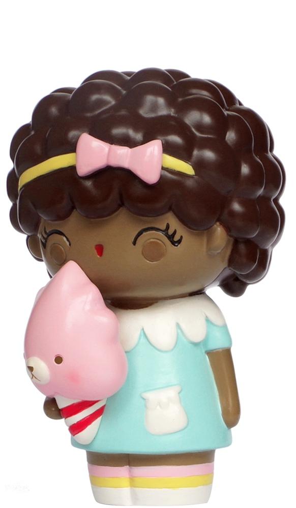 Giggles Momiji doll with curly hair, pink bow, blue dress, and holding a pink animal-shaped ice cream cone. — Momiji Doll
