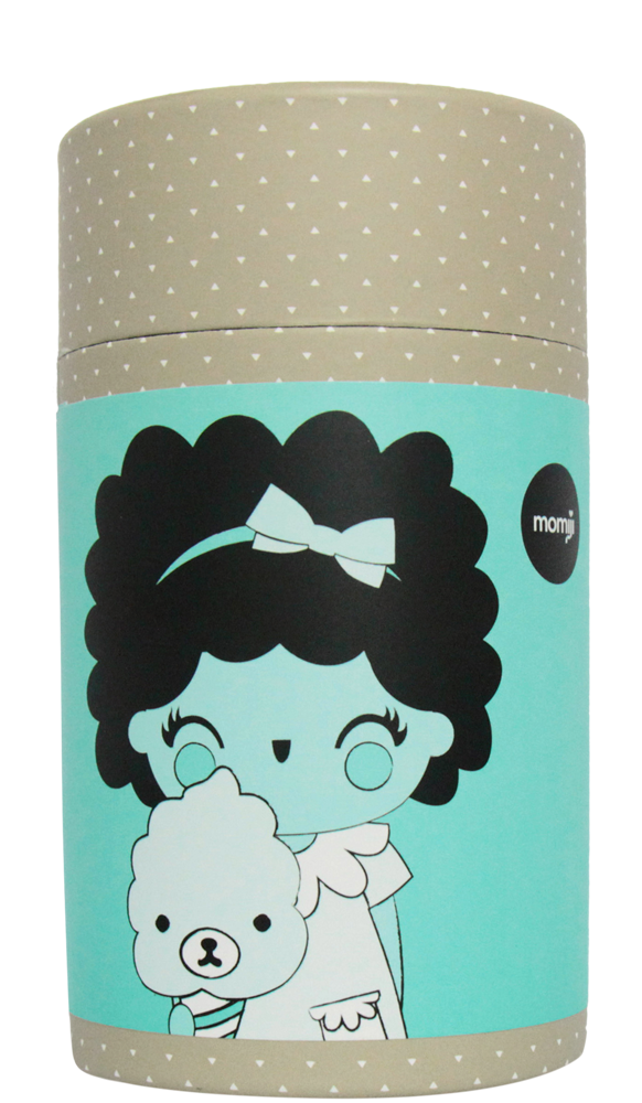 Giggles Momiji doll beige gift box, cartoon girl with teddy bear on turquoise background with white hearts. — Momiji Doll