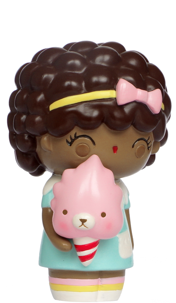 Giggles Momiji doll with curly hair, pink bow, blue dress, and holding a pink bear ice cream cone. — Momiji Doll
