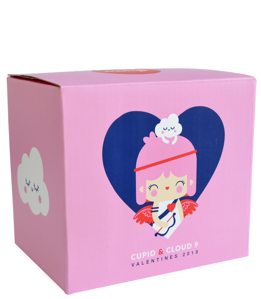 Pink box featuring Cupid & Cloud 9 Momiji doll artwork with a cartoon cupid, cloud, and heart; cute collectible gift. — Momiji Doll