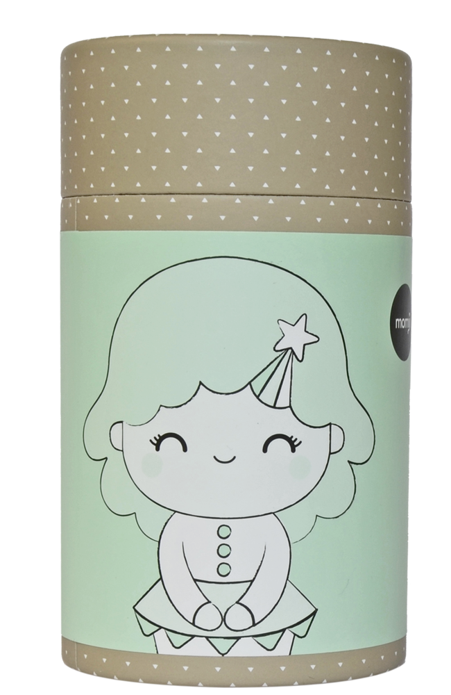 Cylindrical box labeled "Birthday Girl Mint" with smiling Momiji doll in party hat on mint-green and tan dotted lid. — Momiji Doll