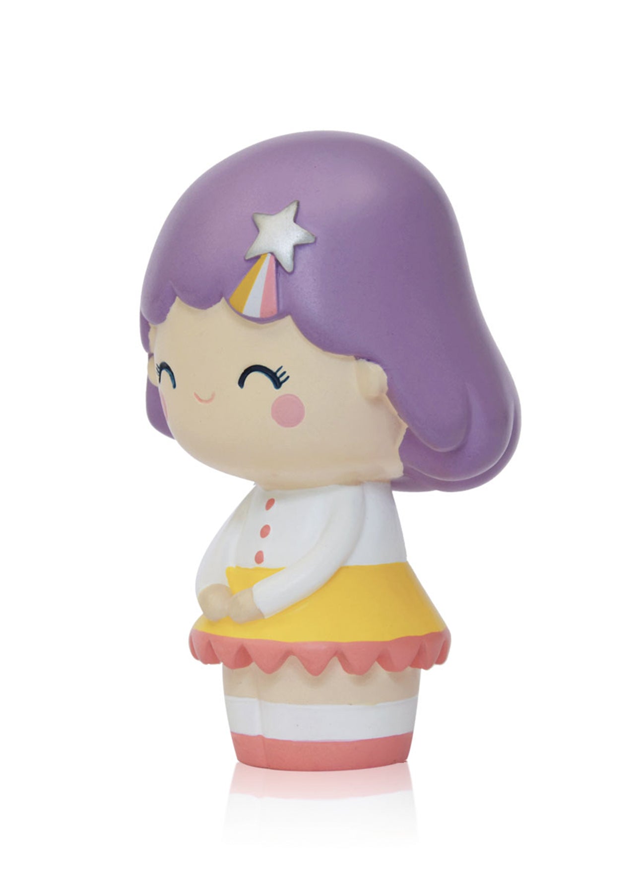 Birthday Girl Lavender Momiji doll with purple hair, star headband, yellow skirt, smiling with eyes closed on white background. — Momiji Doll