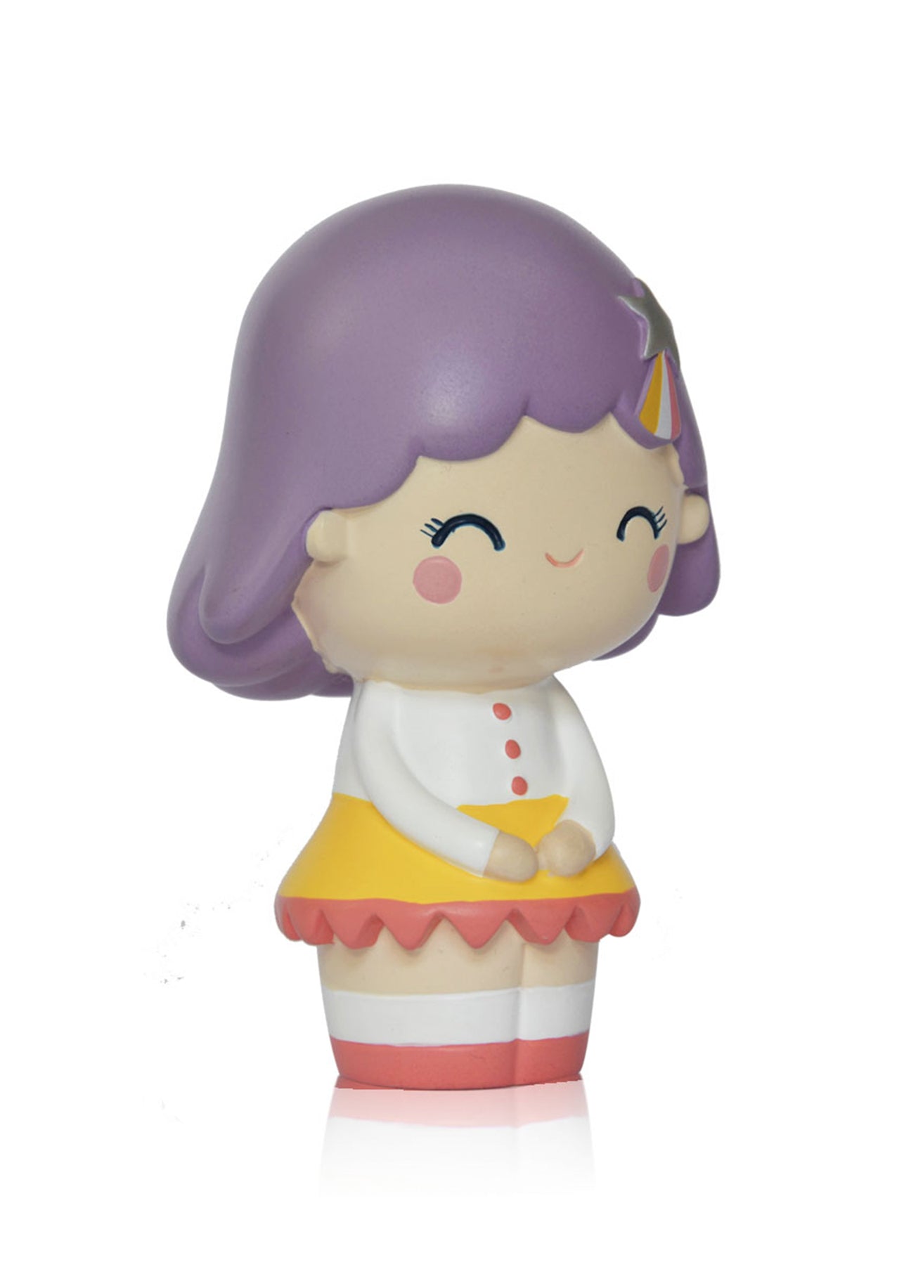 Birthday Girl Lavender Momiji doll with purple hair, white top, yellow skirt, and star accessory; message hidden inside. — Momiji Doll