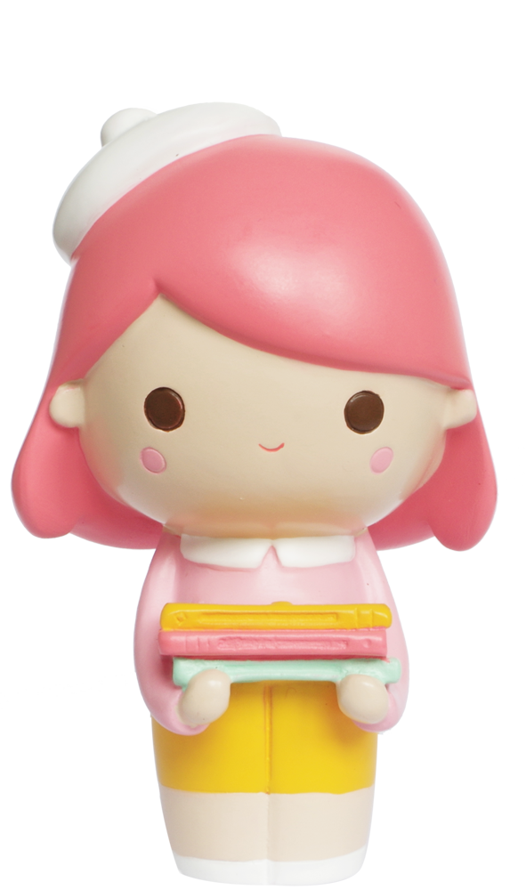Curiosity HN Momiji doll with pink hair, yellow pants, white hat, and holding colorful books. Kawaii collectible character. — Momiji Doll