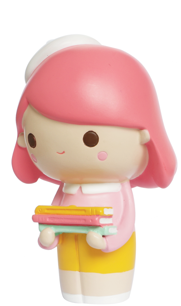Curiosity HN Momiji doll with pink hair, yellow pants, white hat, and holding a stack of colorful books. — Momiji Doll