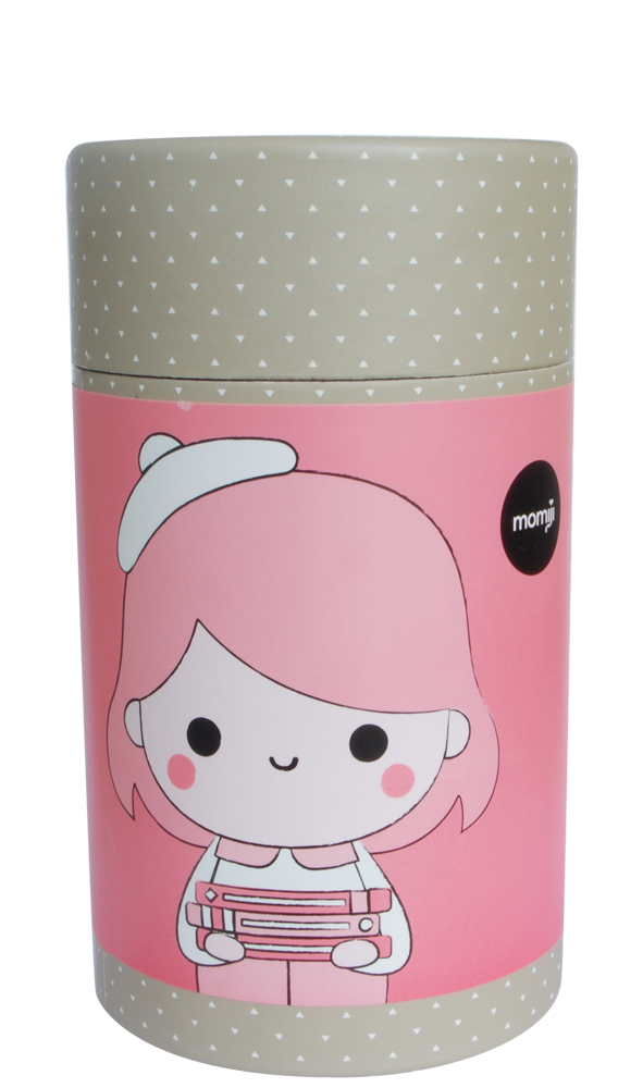 Curiosity HN Momiji doll holding books in a pink cylindrical box, beige lid with white dots. Collectible and kawaii. — Momiji Doll