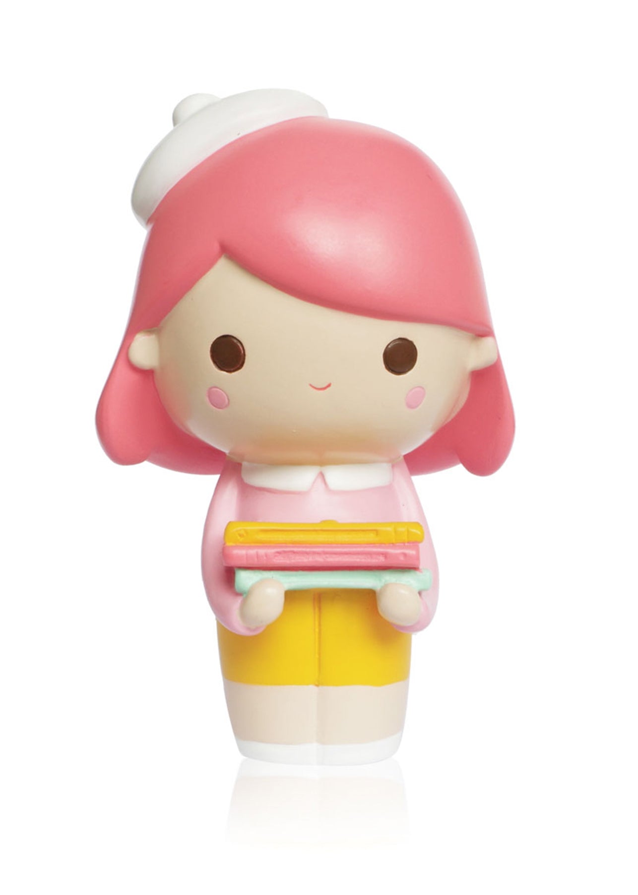 Curiosity Momiji doll with pink hair, white beret, and kawaii books. Each collectible holds a secret message inside. — Momiji Doll