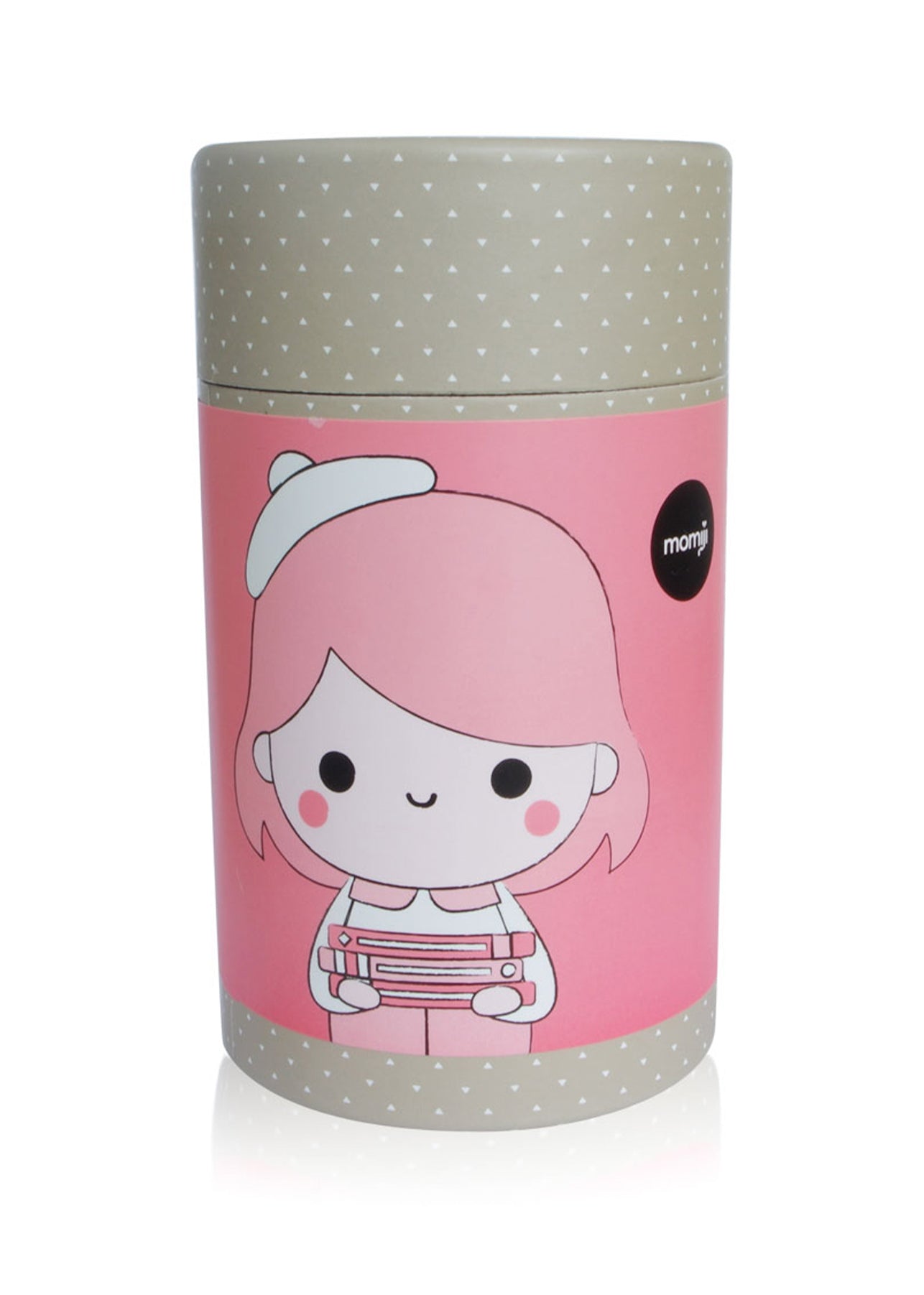 Curiosity Momiji doll: tall, cylindrical, pink outfit, holding books; pink background with white hearts. — Momiji Doll