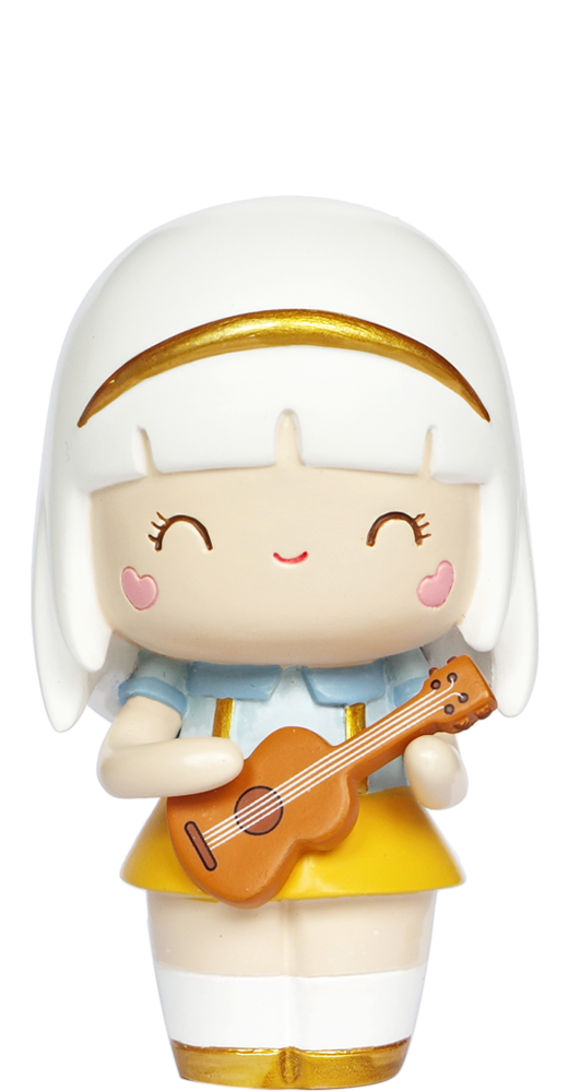 Harmony Momiji doll with white hair, yellow skirt, blue shirt, holding a brown guitar—collectible kawaii gift. — Momiji Doll