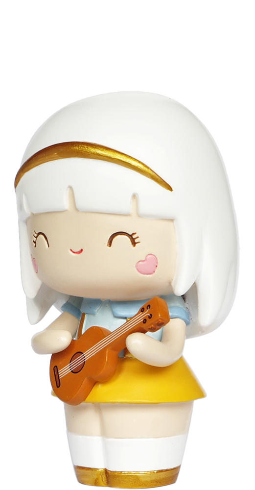 Harmony Momiji doll with white hair, yellow headband, blue top, yellow skirt, holding a small brown guitar. — Momiji Doll