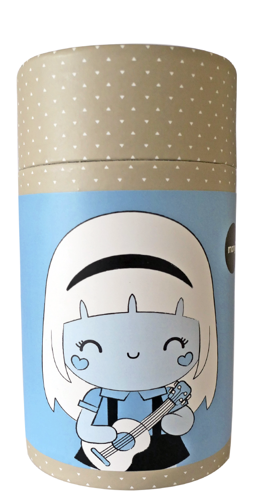 Harmony Momiji doll holding a ukulele on a blue label; cylindrical container with beige polka dot lid. — Momiji Doll