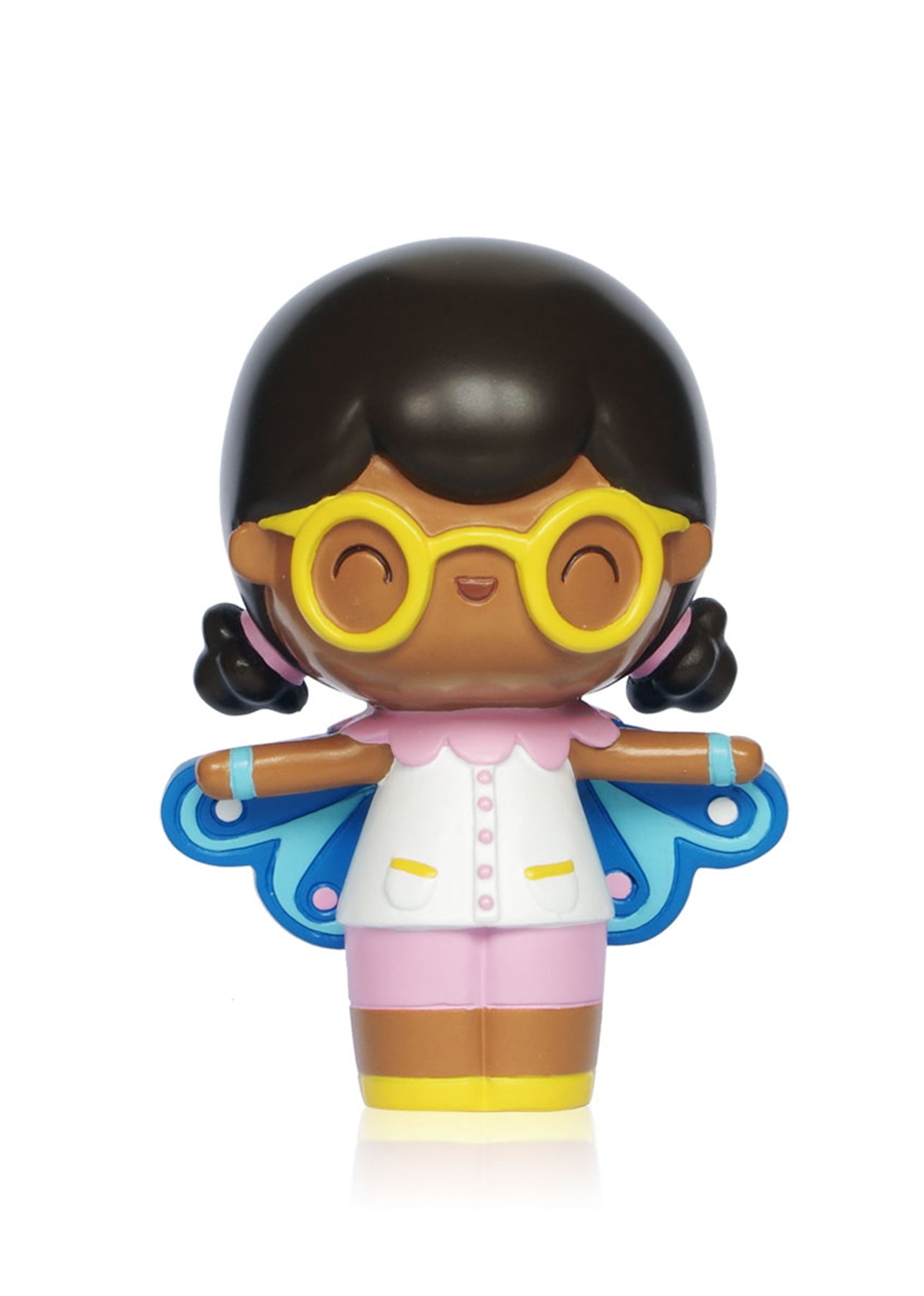 Momiji doll with yellow glasses, brown hair, blue wings, pink and white outfit, and a cheerful smiling face. — Momiji Doll