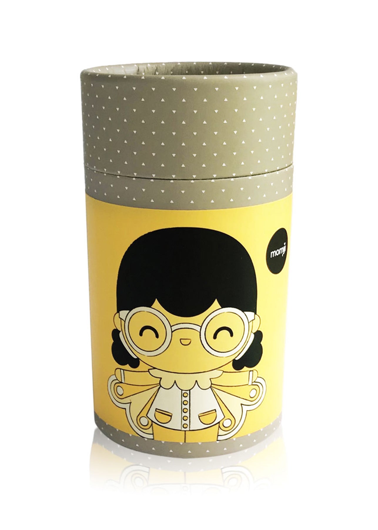 Butterfly Momiji doll container shows a girl in glasses on yellow, gray lid; kawaii collectible with secret message inside. — Momiji Doll