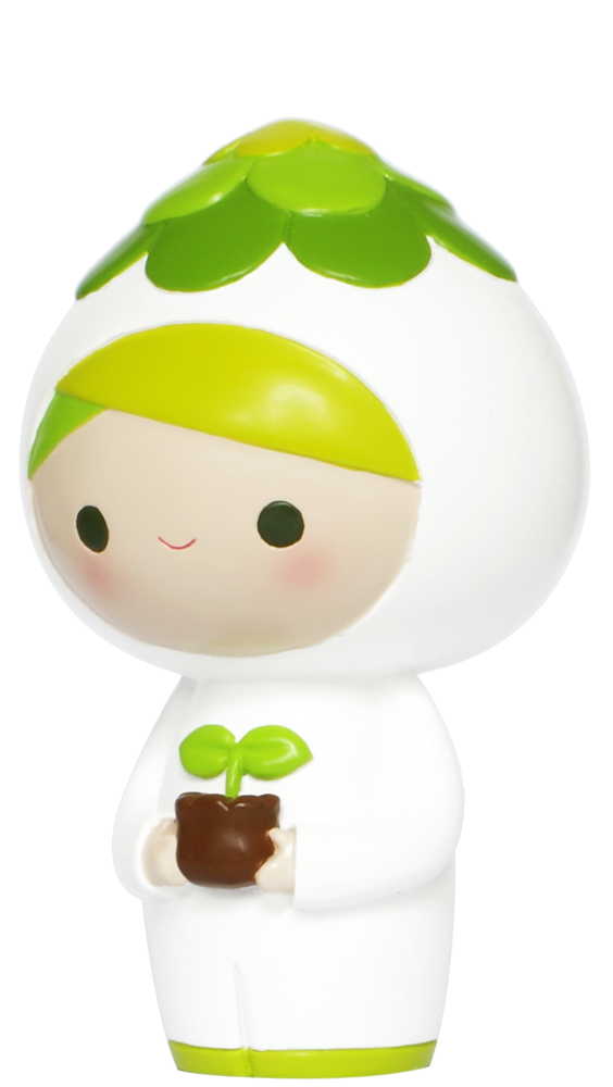 Bloom Momiji doll in white with green leaf accents, smiling and holding a potted plant; designed by artists, collectible. — Momiji Doll