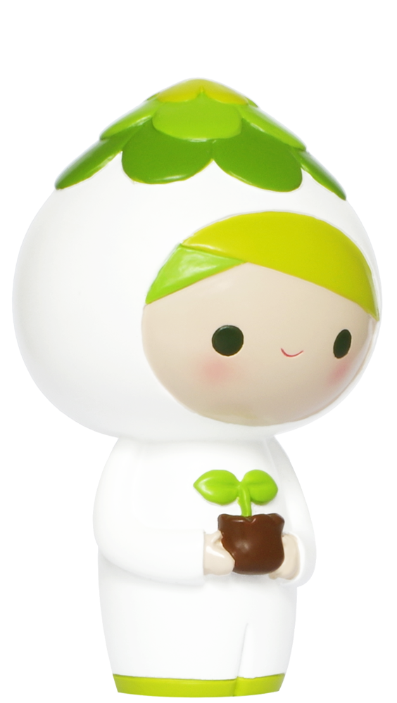 Bloom Momiji doll wears a white suit with green leaf accents, holds a potted plant, and has a cheerful smile. — Momiji Doll