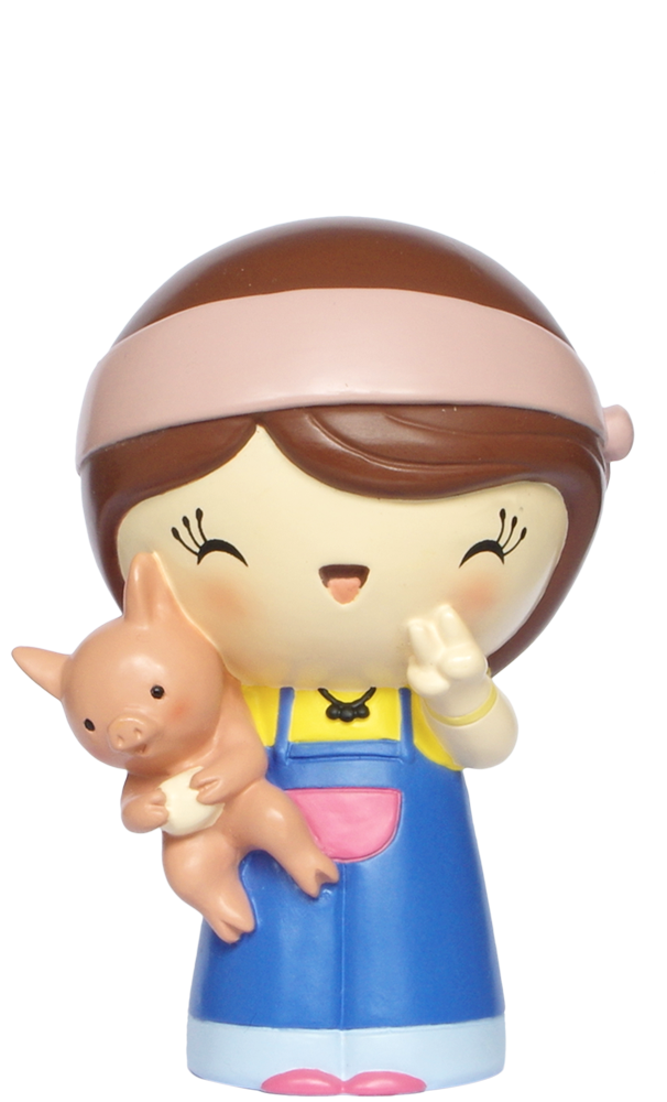 Janis J Momiji doll—a smiling girl in blue overalls, holding a pig and giving a peace sign. Hidden message inside. — Momiji Doll
