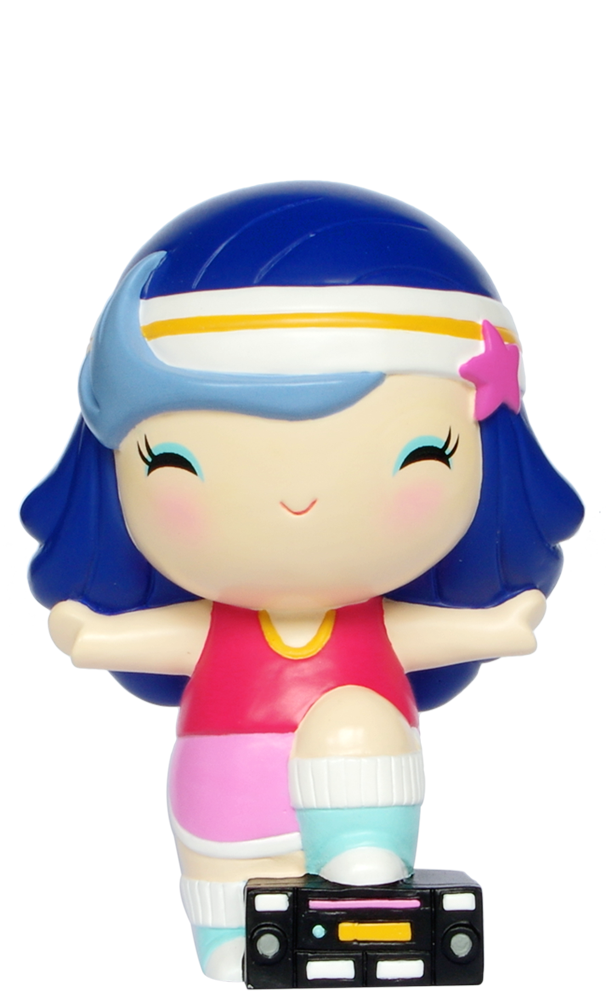 Tina C Momiji doll with blue hair in workout clothes stands on a retro boombox, vibrant and street-style inspired. — Momiji Doll
