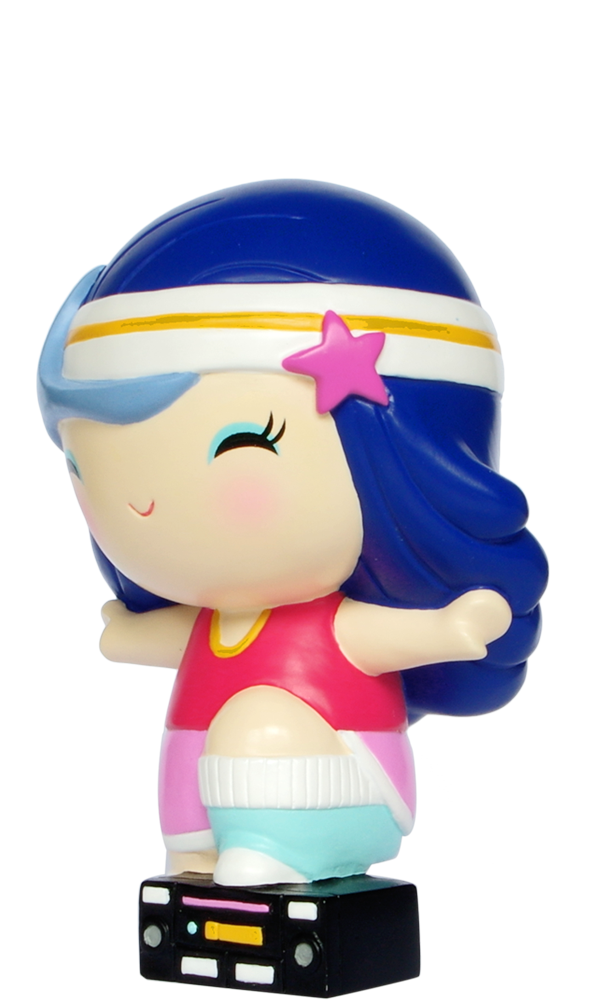 Tina C Momiji doll with blue hair, pink headband, retro workout outfit stands on a small black boombox. — Momiji Doll