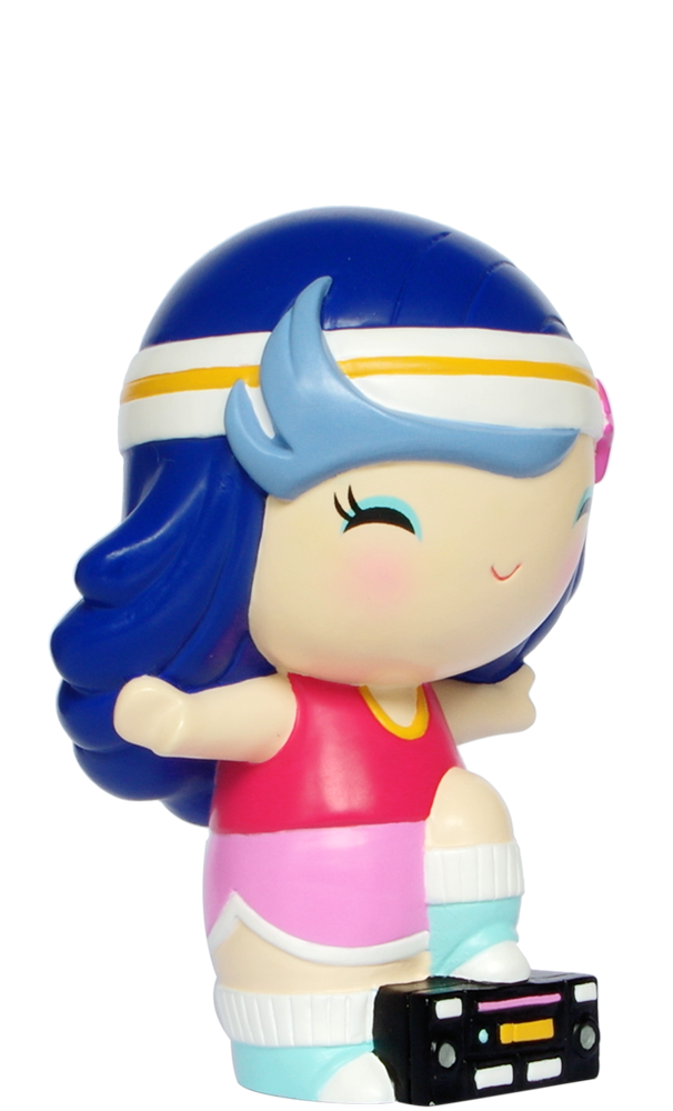 Tina C Momiji doll with blue hair, headband, sporty outfit, and a small black boom box. Collectible kawaii street style design. — Momiji Doll