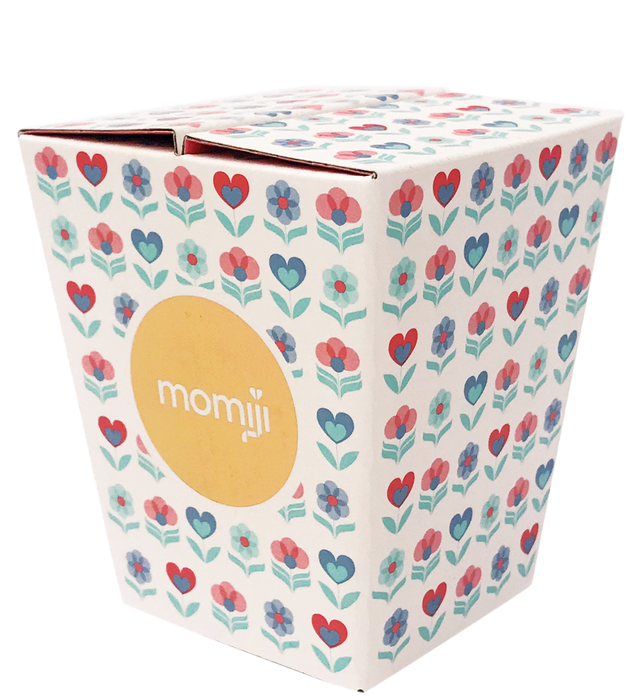 Momiji doll box with heart and flower pattern, yellow "Tina C" label on front; kawaii collectible character doll inside. — Momiji Doll