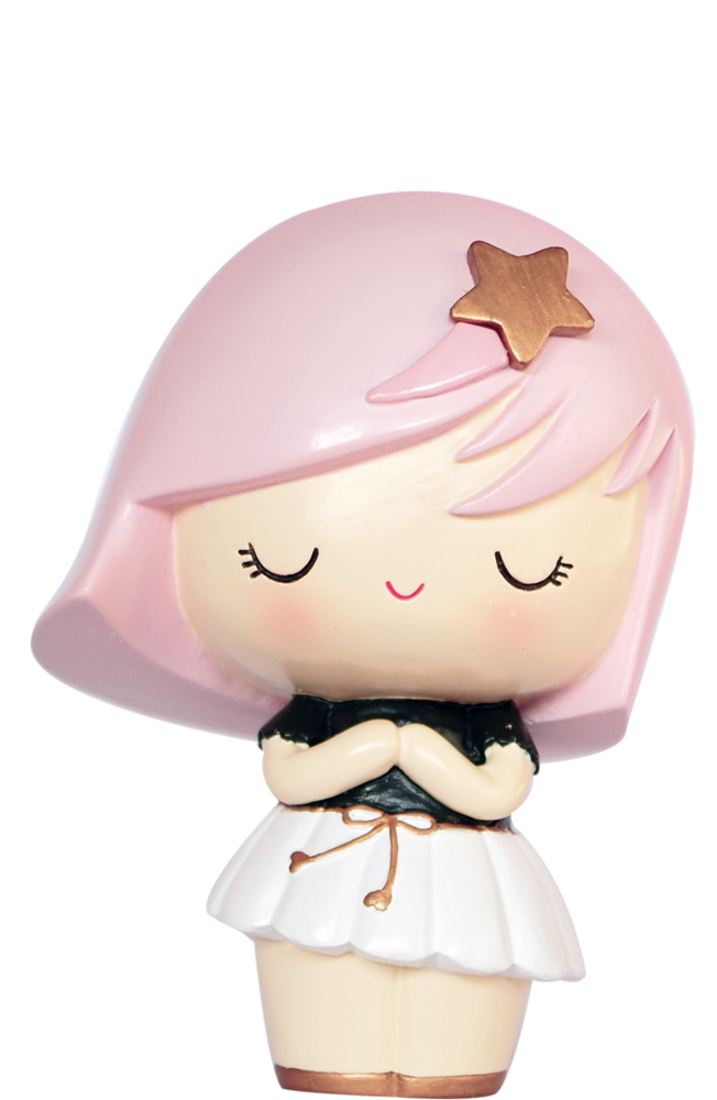 Wish Upon a Star Momiji doll with pink hair, gold star clip, black top, and white skirt. Secret message hidden inside. — Momiji Doll
