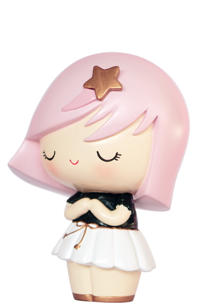 Wish Upon a Star Momiji doll: pink hair, gold star, closed eyes, crossed hands, black top, white skirt; collectible. — Momiji Doll