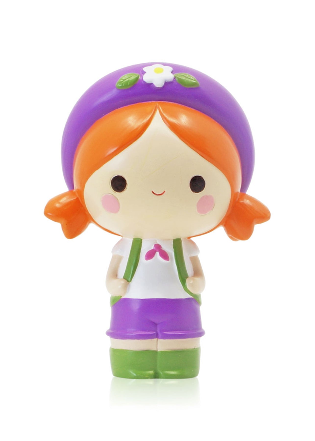 Momiji doll with orange hair, purple beret with flower, adventure bag, shorts, green boots; smiling collectible character. — Momiji Doll
