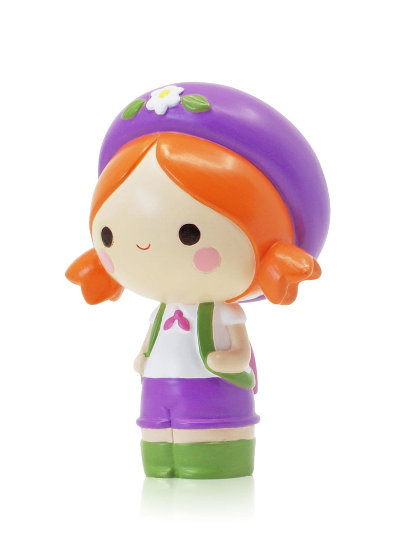 Momiji doll with orange hair, purple beret, white shirt with pink design, shorts, and green boots. Collectible kawaii character. — Momiji Doll
