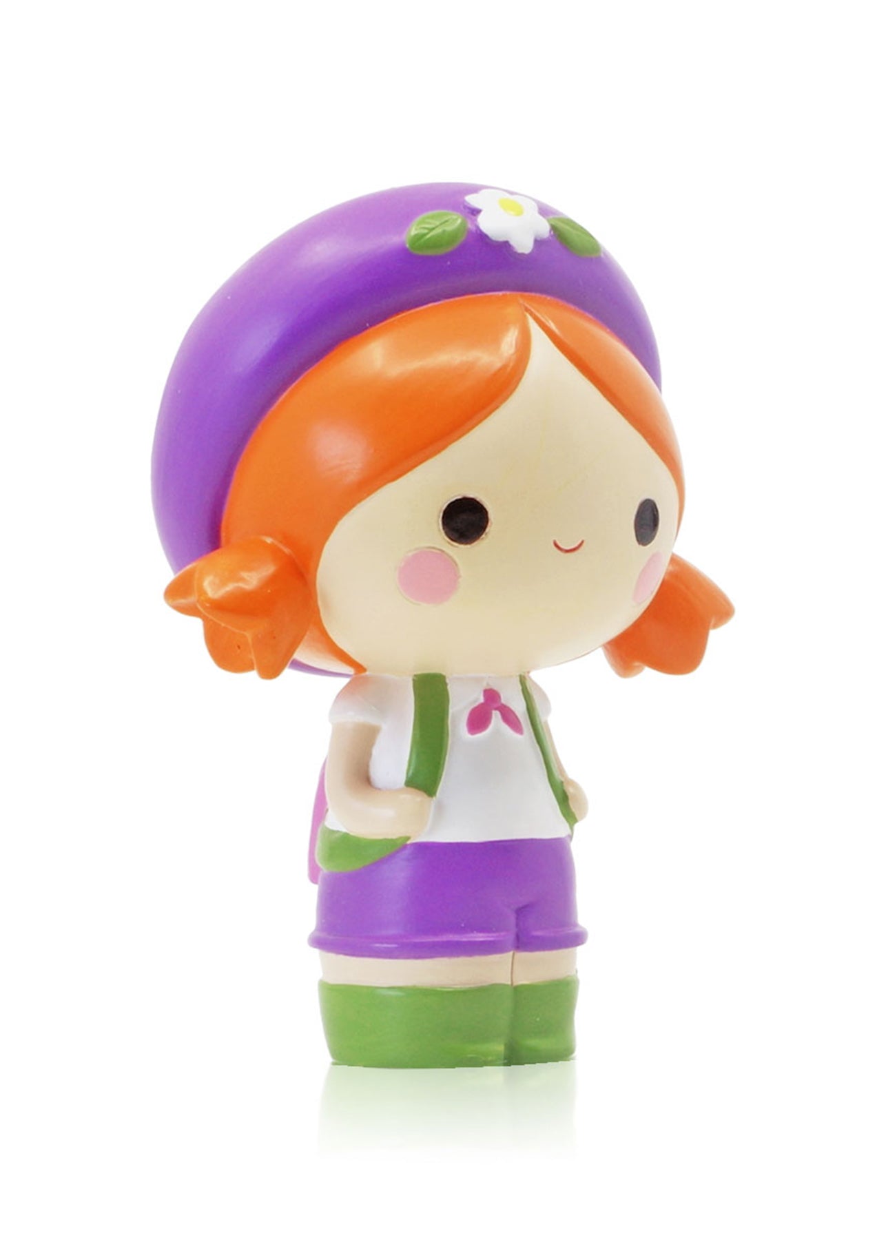Adventure Momiji doll with orange hair, purple beret, big smile, and adventure bag; inspired by Tokyo and Seoul street culture. — Momiji Doll