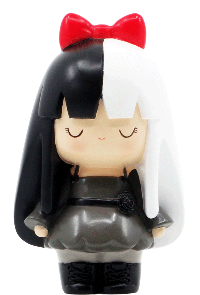 Storm Momiji doll with split black and white hair, red bow, grey dress, black boots, and a cute smile. — Momiji Doll